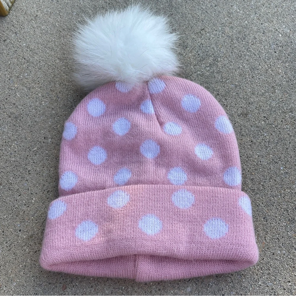 Tucker & Tate Pink Polka Dot Knit Beanie with Fur Ball NWOT